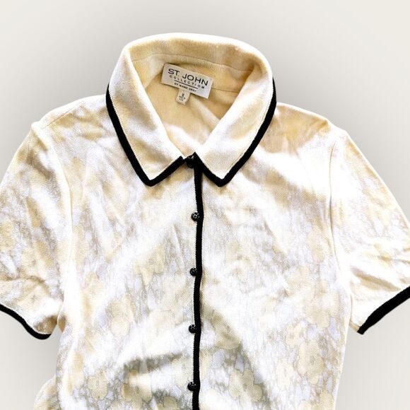 St. John Collection Short Sleeve Button Up Floral Cream Santana Knit Blouse 12 - Picture 2 of 9